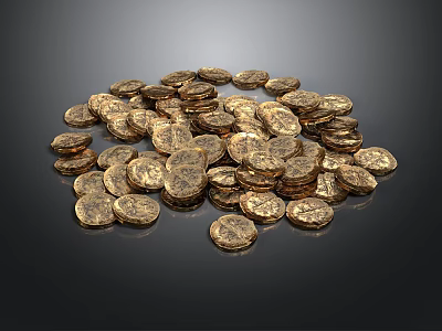 Shiny Exquisite Gold Coin Sculpture Carving Pieces Stacked On Dark Surface 3d model