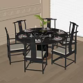 Round Dining Table And Chairs Set With Black Frame White Cushions Decorative Plants And Tableware 3d model