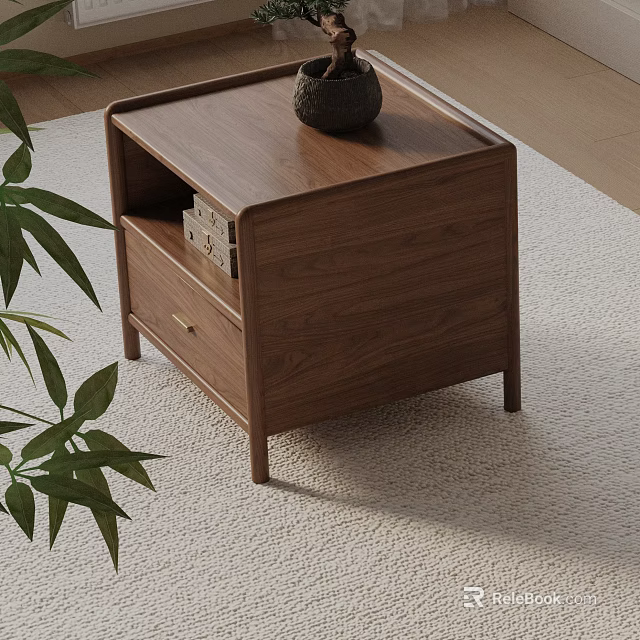 Minimalist Modern Wooden Nightstand With Drawer And Green Plant On Soft Rug 3d model 