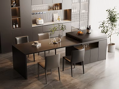 Modern Restaurant Interior With Dark Dining Table Chairs Cabinets And Green Plants 3d model
