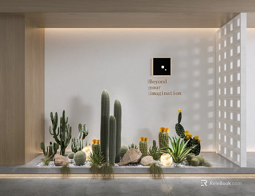 Modern Interior Bonsai Potted Plants Arrangement with Cactus Succulents Stones and Lighting 3d model 