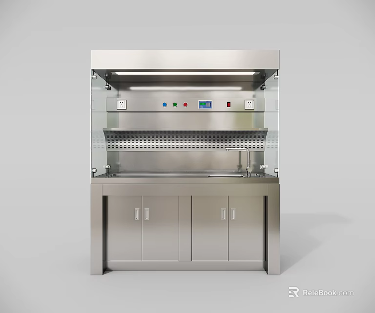 Stainless Steel Laboratory Fume Hood With Transparent Glass Shield Control Panel And Storage Cabinets 3d model 