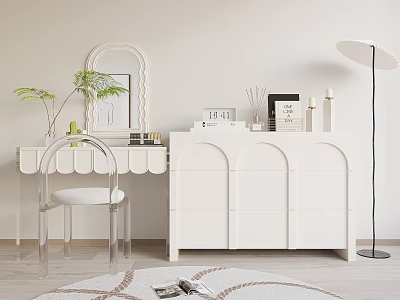 Modern White Dressing Table With Mirror Clear Chair Plant Floor Lamp And Round Rug 3d model