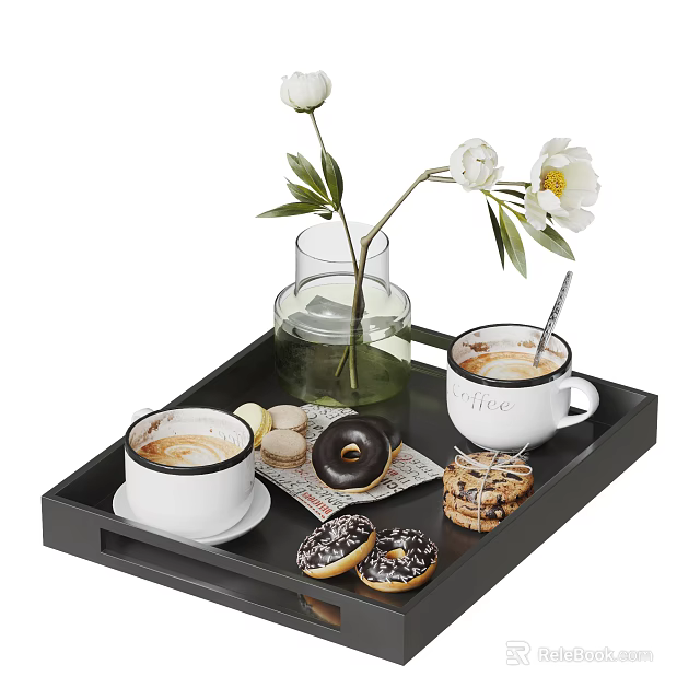 White Cups with Coffee Macarons Donuts Cookies on Black Tray with Glass Vase White Flowers 3d model 