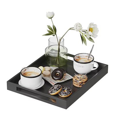 White Cups with Coffee Macarons Donuts Cookies on Black Tray with Glass Vase White Flowers 3d model