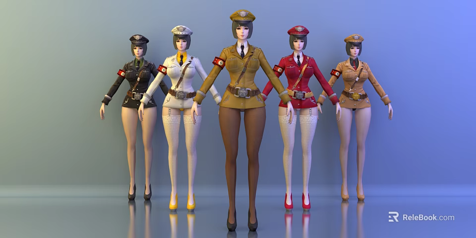 Five Female Game Movie Characters in Stylish Military Uniforms with Various Colors 3d model 
