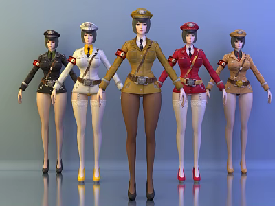 Five Female Game Movie Characters in Stylish Military Uniforms with Various Colors 3d model