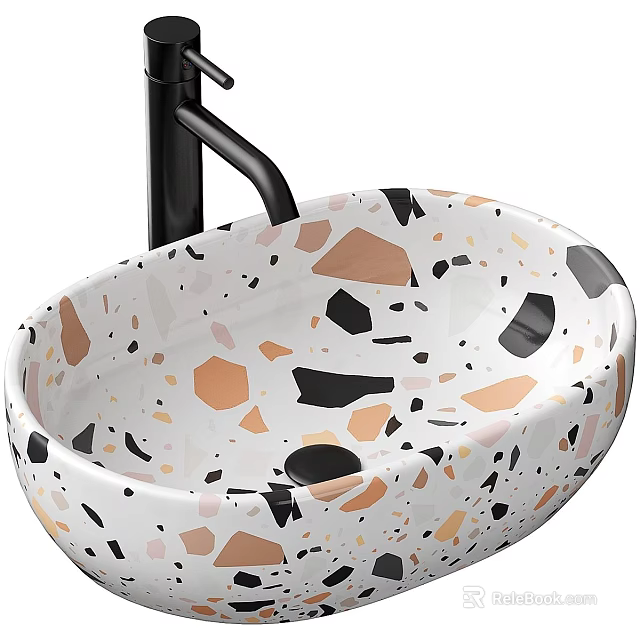 Stylish Terrazzo Wash Basin With White Black Orange Pink Chips And Matte Black Faucet Design 3d model 