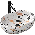 Stylish Terrazzo Wash Basin With White Black Orange Pink Chips And Matte Black Faucet Design