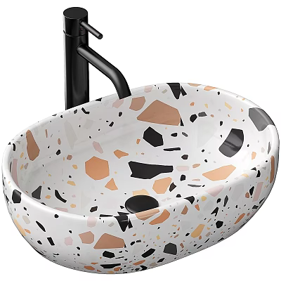 Stylish Terrazzo Wash Basin With White Black Orange Pink Chips And Matte Black Faucet Design 3d model
