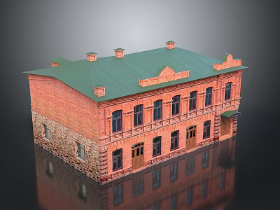 Traditional Red Brick Building Design With Green Roof Decorative Windows And Doors 3d model