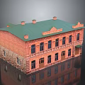Traditional Red Brick Building Design With Green Roof Decorative Windows And Doors