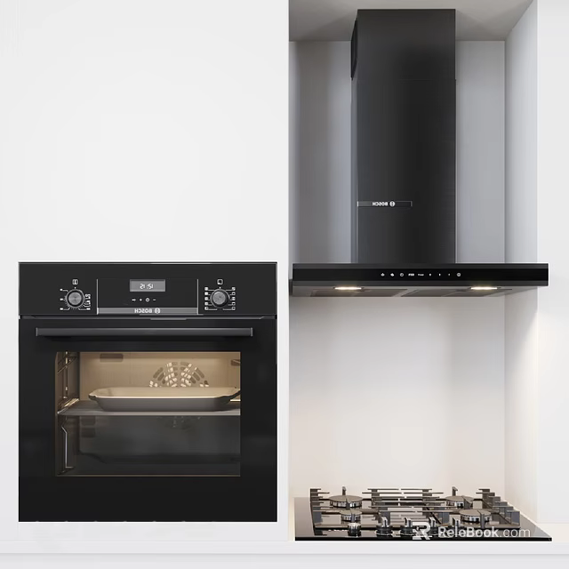 Modern Kitchen Appliances With Black Oven And Black Range Hood On White Wall 3d model 