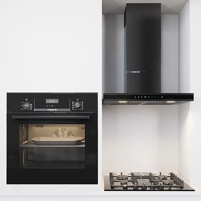 Modern Kitchen Appliances With Black Oven And Black Range Hood On White Wall 3d model
