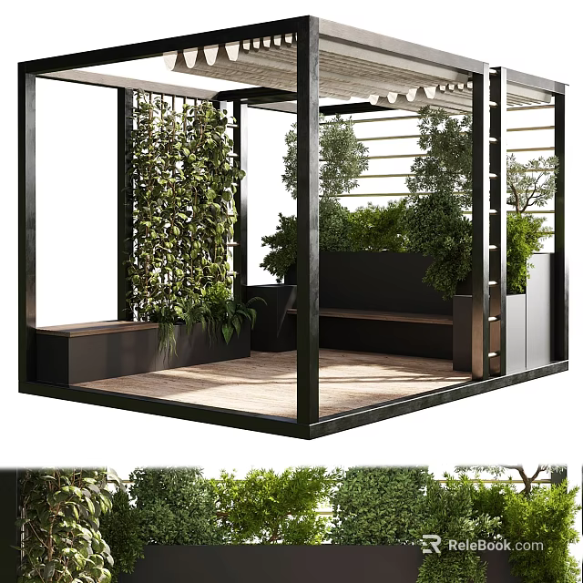 Modern Open Structure Featuring Metal Frame Green Plant Wall Bench Seating And Wooden Floor 3d model 