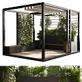 Modern Open Structure Featuring Metal Frame Green Plant Wall Bench Seating And Wooden Floor