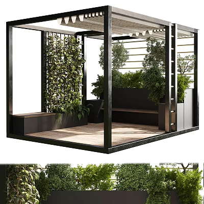 Modern Open Structure Featuring Metal Frame Green Plant Wall Bench Seating And Wooden Floor 3d model