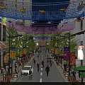 Bustling Commercial Street With Colorful Decorations Pedestrians Shops Trees Street Lamps And Cars
