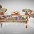 Natural Wooden Sofa And Coffee Table Set With Woven Seats And Colorful Cushions