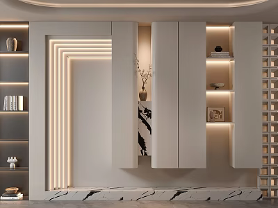 Modern Foyer Hallway Design With Integrated Lighting Storage Cabinets And Decor 3d model