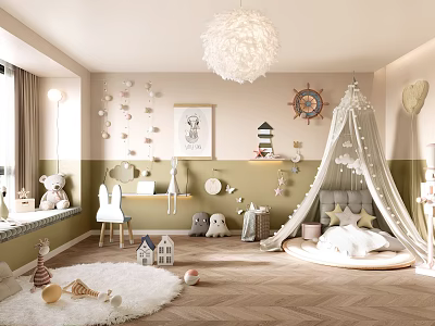 Cozy Kids Room With Canopy Bed And Nautical Decor 3d model