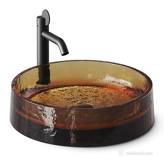 Elegant Modern Round Amber Glass Wash Basin With Sleek Black Faucet Design 3d model 