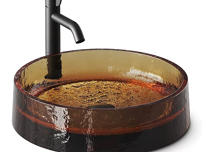 Elegant Modern Round Amber Glass Wash Basin With Sleek Black Faucet Design 3d model
