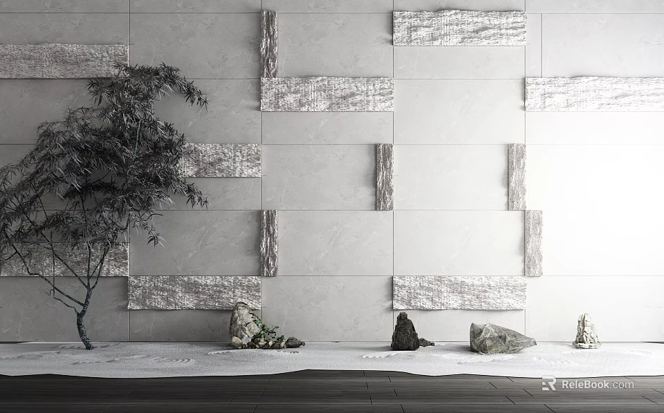 Modern Textured Background Wall With Gray Silver Tiles Decorative Tree And Stones 3d model 