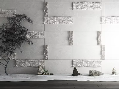 Modern Textured Background Wall With Gray Silver Tiles Decorative Tree And Stones 3d model