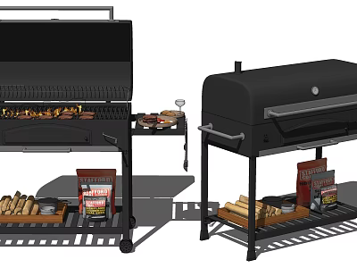 Outdoor Kitchen Appliances Two Black Grills With Sausages Bread And Seasoning Packets 3d model