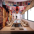 Traditional Japanese Restaurant Interior With Red Lanterns Colorful Banners Wooden Bar And Mural