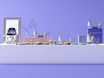 Dining Table Decorated With Cakes Small Tree Decorations Photo Frame And VIAICFOX Logo 3d model
