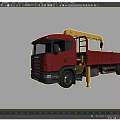 Red Scania Utility Truck With Yellow Crane And Flatbed Cargo Body