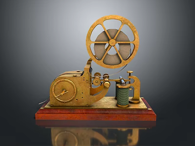 Vintage Brass Mechanical Computer Device With Large Wheel And Wooden Base 3d model