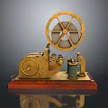 Vintage Brass Mechanical Computer Device With Large Wheel And Wooden Base