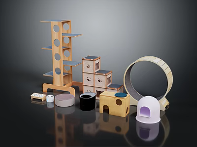 Wooden Pet Furniture with Multi Tier Shelf Hole Design Circular Ring and Modern House Shape 3d model