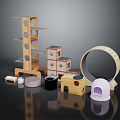 Wooden Pet Furniture with Multi Tier Shelf Hole Design Circular Ring and Modern House Shape