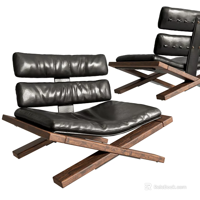 Modern Black Leather Leisure Chair With Wooden Cross Legs And Padded Backrest 3d model 
