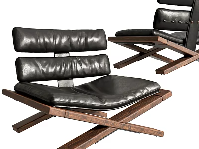 Modern Black Leather Leisure Chair With Wooden Cross Legs And Padded Backrest 3d model