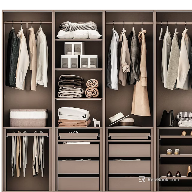 Organized Wardrobe Interior Displaying Hanging Clothes Folded Garments Storage Shelves and Drawers 3d model 