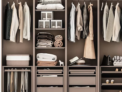 Organized Wardrobe Interior Displaying Hanging Clothes Folded Garments Storage Shelves and Drawers 3d model