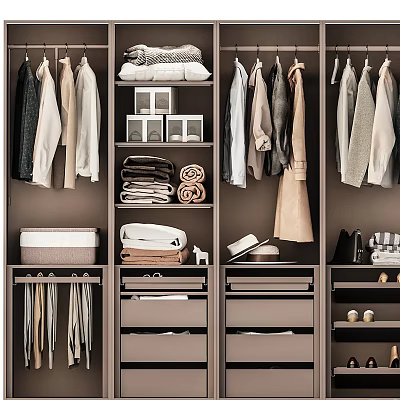 Organized Wardrobe Interior Displaying Hanging Clothes Folded Garments Storage Shelves and Drawers 3d model