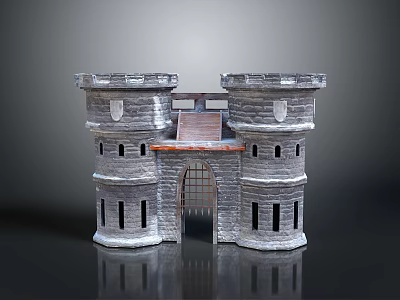 Scenic Castle Landscape With Two Stone Towers Arched Gate And Red Roof Elements 3d model