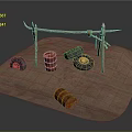 Outdoor Desert Camp Structure With Branch Frame Red Drums And Black Tires On Sandy Ground