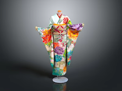 Traditional Japanese Kimono With Colorful Floral Patterns Displayed On Mannequin Stand 3d model