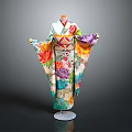 Traditional Japanese Kimono With Colorful Floral Patterns Displayed On Mannequin Stand