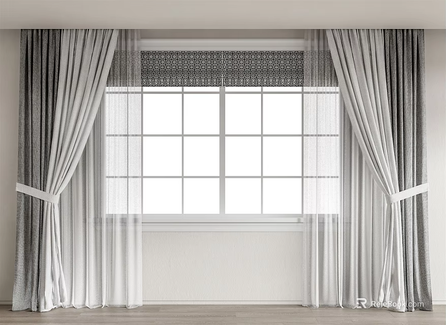 Modern Gray And White Curtains With Patterned Valance And Tiebacks For Window 3d model 