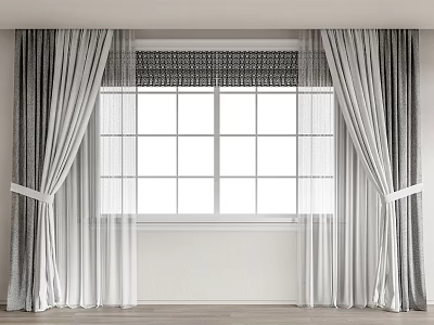 Modern Gray And White Curtains With Patterned Valance And Tiebacks For Window 3d model
