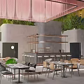 Modern Spacious Restaurant Interior With Tables Chairs Bar Bar Stools And Green Plants