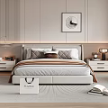 Modern Bedroom Interior With Paneled Wall Framed Artwork Bedside Tables Throw Pillows And Accent Chair